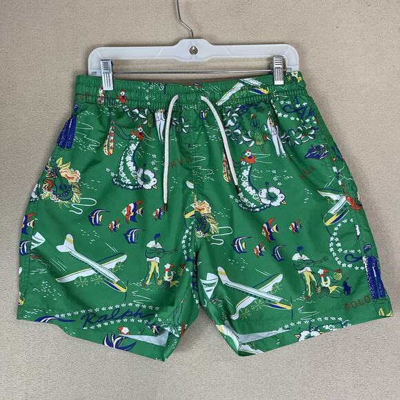 Polo Ralph Lauren Short Mens L Green Hawaiian Traveler Lined Swim Trunk 5.5"